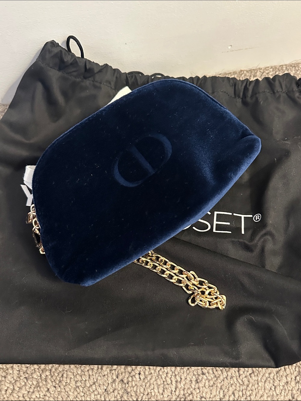 Dior Navy Blue Velvet Clutch with Gold Chain